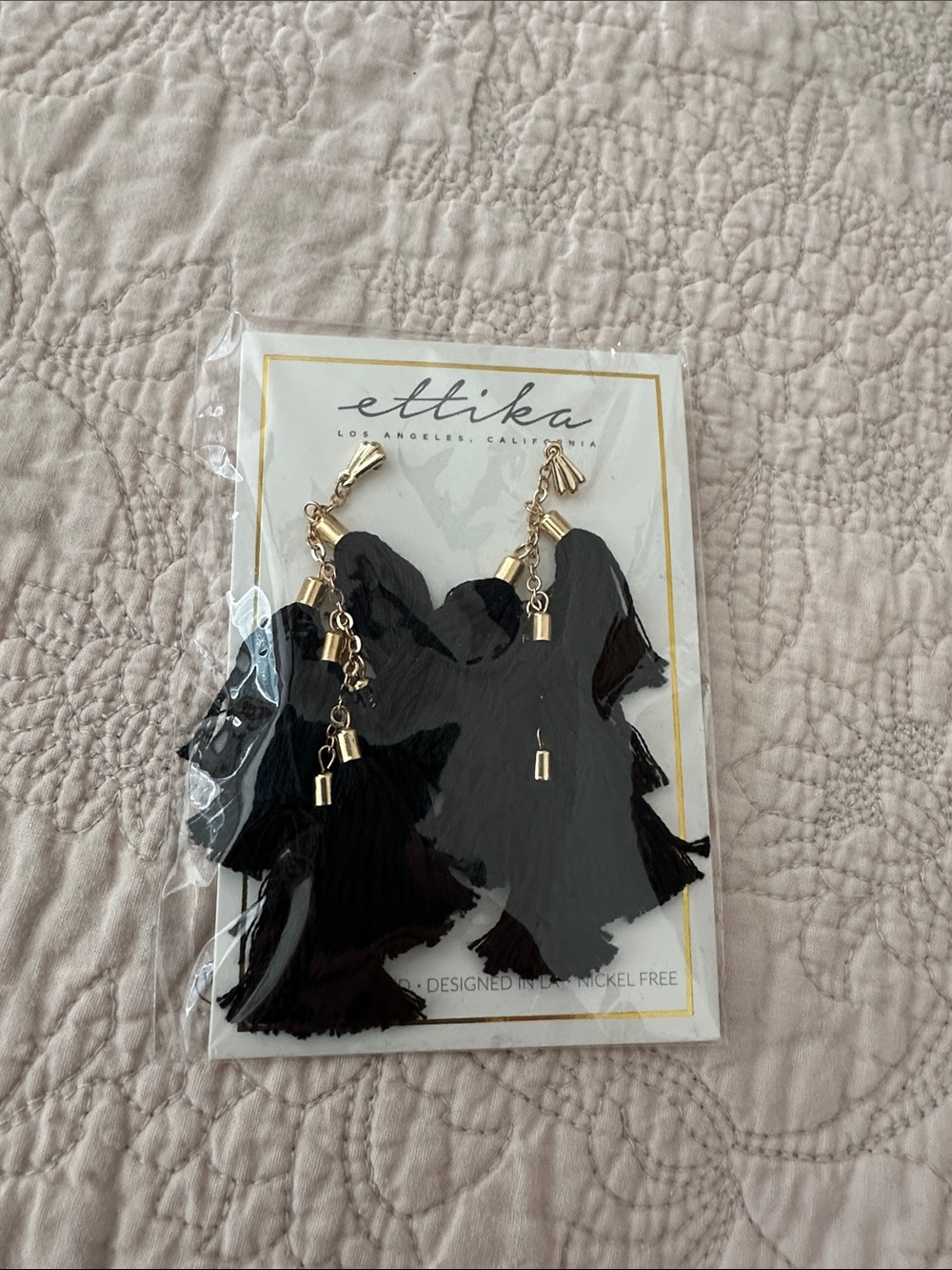 ettika Black Fringe Tassel Drop Earrings with Gold Accents ( never worn)